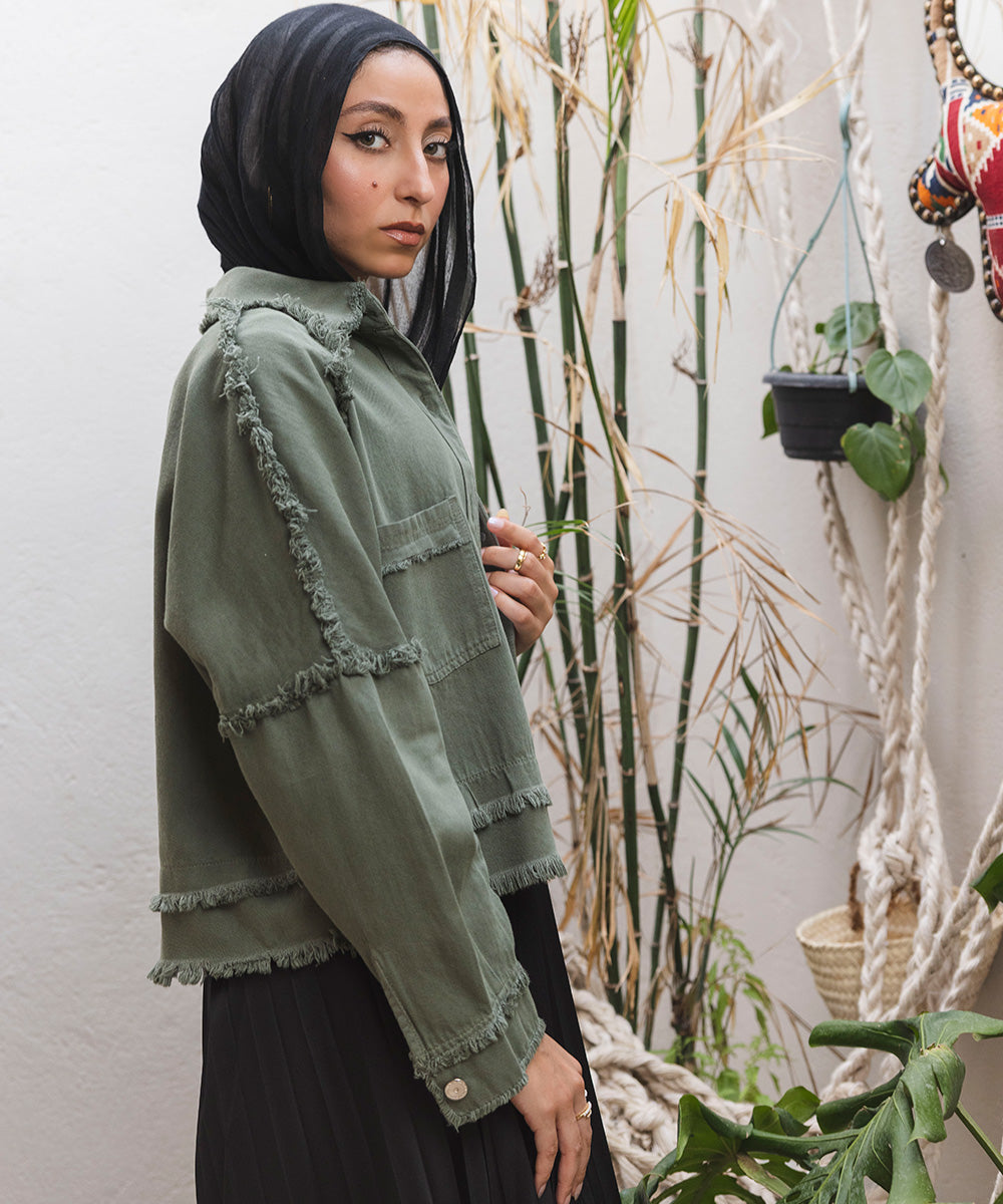 Olive Fringy Cropped Jacket