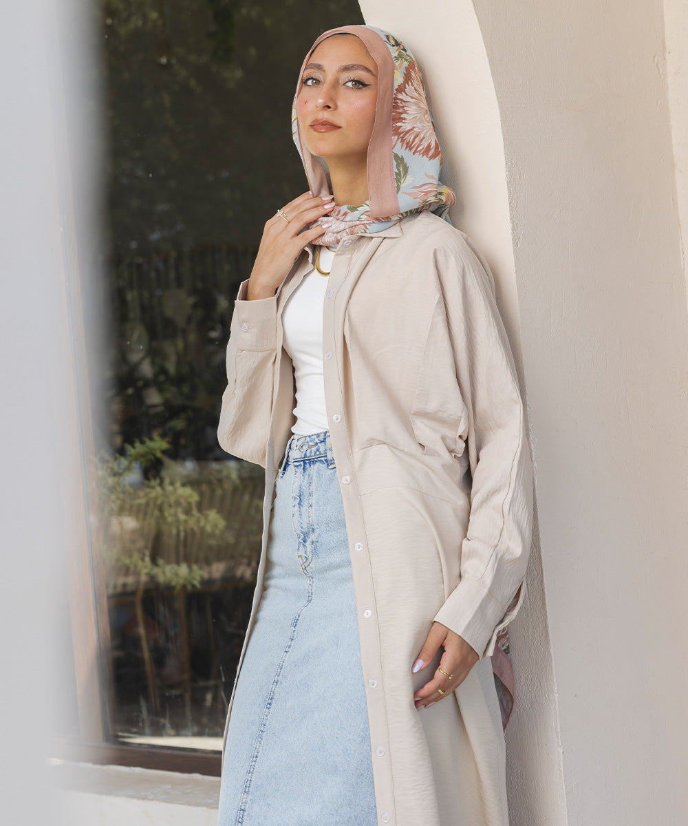 beige shirt dress women Beige Printed Silk Midi Shirt Dress